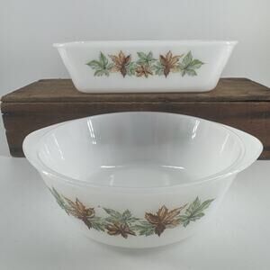 Casserole Baking Dishes 2 Pieces Vintage Glasbake Maple Leaf Milk Glass Bakeware